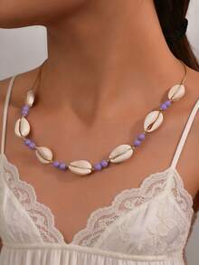 1pc Personalized Beaded Shell Adjustable Necklace, Beach Style For Women, Suitable For Vacation, Party And Daily Wear - Mauve Purple - View 4