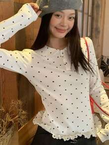 Áo thun dài tay cổ Peter Pan họa tiết chấm bi hình trái tim, hàng mới về mùa Xuân/Hè, kèm áo lót viền bèo nhún. - trắng - Xem 3