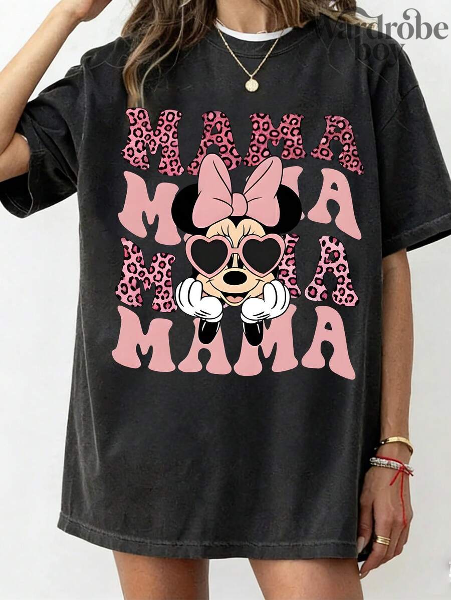 Disney Printed Wash Water T-Shirt, Sweet And Cool Style T-Shirt, Leopard Print  Mouse T-Shirt, Mother's Day T-Shirt, Family Travel And Vacation Style T-Shirt,Unisex,High-Quality Pure Cotton T-Shirt,Suitable For All Seasons, Comfortable And Breathable| Exquisite Design | The Best Choice For Giving Gifts - 黑色 - 查看 1