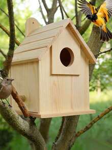 1个悬挂式防风雨户外木制鸟屋，个性化迷你鸟巢，适合麻雀、鹦鹉、各种鸟类、蜂鸟，室内/室外使用，手工天然木材，防摔。 - 查看 3