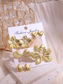 5 Pairs/Set Gold Heart, Five-Leaf Flower, Star Shaped Earrings, Suitable For Daily Commute, Versatile Style - Gold - View 4