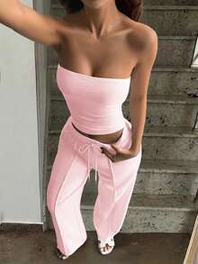 Bộ 2 món Vaiaye mùa thu gồm áo croptop ôm sát gợi cảm không dây, áo camisole cơ bản, áo quây yoga ôm sát thời trang màu trơn, và quần dài màu hồng thanh lịch cho mùa xuân/hè. - Hồng - Xem 7