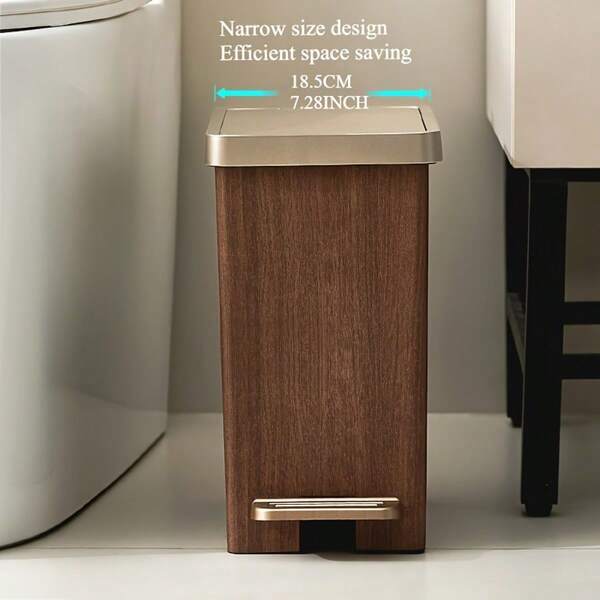 1个木纹脚踏式垃圾桶，双盖密封防臭设计，适用于家庭、厨房、浴室，方形塑料垃圾桶，无需电源