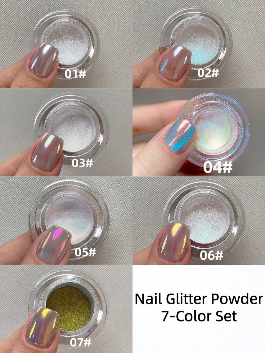 Set de 7 colores arcoíris Aurora (1g por color) - Polvo holográfico degradado para uñas de sirena - Multicolor - Ver 1