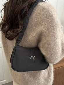 可爱褶皱手提包，高品质蝴蝶结单肩包，女士通勤腋下包 - 黑色 - 查看 2