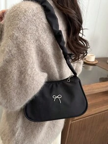 可爱褶皱手提包，高品质蝴蝶结单肩包，女士通勤腋下包 - 黑色 - 查看 5