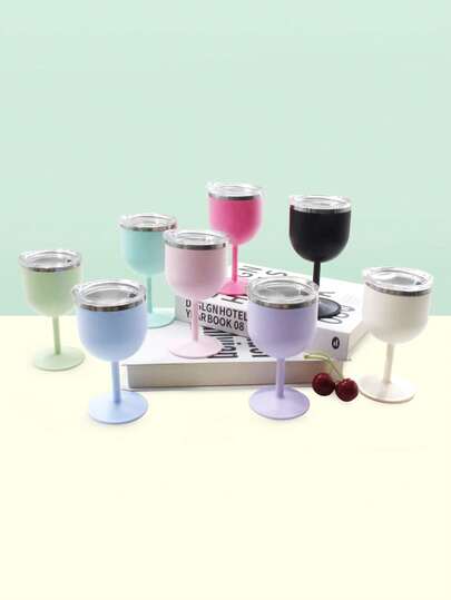 1pc 5oz Macaron Color Stainless Steel Stemmed Wine Glass With Transparent Lid, Shatterproof, Ideal For Pool, Outdoor Camping, Parties, Christmas, Halloween & Gifting