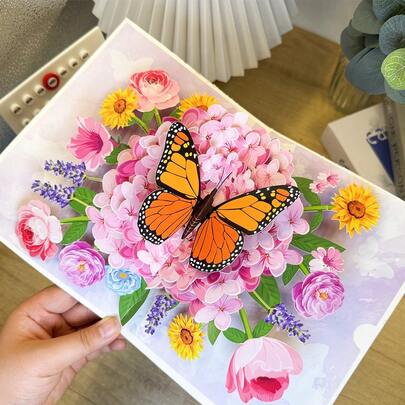 1张蝴蝶绣球花3D立体弹出式贺卡 - 精致的3D生日贺卡、派对礼品和庆典装饰，适用于母亲节、生日、周年纪念日、感恩节等场合