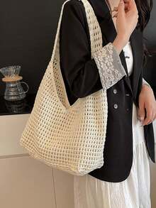 Yogodlns Women's Aesthetic Crochet Beach Shopper Tote Knitted Net Underarm Bag For Summer Versatile Shoulder Bag Women's Shoulder Bags Casual Woven Ladies Handmade Totes Large Capacity Summer Beach Female's Messenger Bag , Beach Bag , Crochet, Woven Bag - 米色 - 查看 5