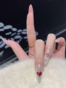 10 móng tay giả thủ công phong cách Y2K Cyber, màu hồng hologram đính đá hình trái tim và ngôi sao, móng dài hình oval, móng giả acrylic mùa xuân hè cho lễ hội âm nhạc, kèm keo dán và dũa móng, dụng cụ làm móng DIY. - Hồng - Xem 3