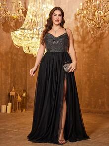 UNITHORSE Plus 女士优雅吊带亮片拼接网纱性感露背绷带设计可调节晚礼服 - 黑色 - 查看 3