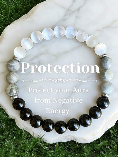 1件黑曜石和猫眼石手链，可调节弹力，男女皆宜。平衡身心，带来正能量。适合日常佩戴。