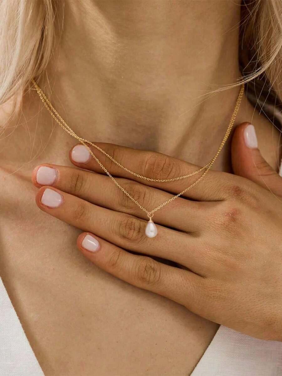 Stainless Steel Waterproof Non-Fading Gold Plated Double Layer Water Drop Pearl Necklace, Suitable For Daily Wear For Women - Gold - View 1