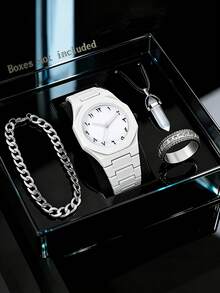 Montre à quartz décontractée avec collier pendentif, bracelet et bague, convient aux étudiants, à la rentrée scolaire, aux fêtes et aux voyages, à la tenue quotidienne, à l'anniversaire, à la remise des diplômes, cadeau de Noël pour les adolescents. Boîtier en plastique, sans boîte incluse. - Blanc - Voir 8