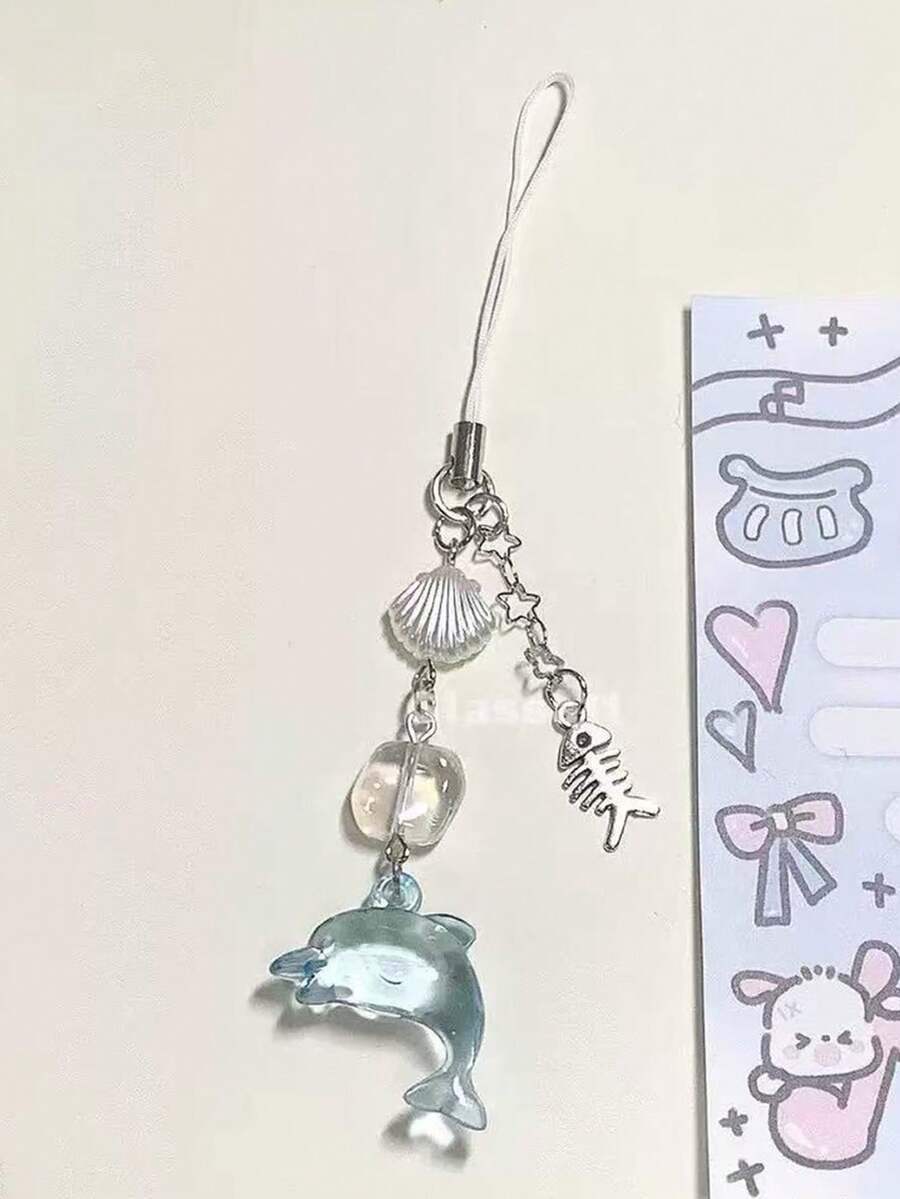 1pc Summer Cute Ocean Element Dolphin Crystal Pearl Heart Fish Bone Pendant Short Lanyard, Ins Style Women Beaded Camera Strap Compatible With Phone Case - Multicolor - View 1