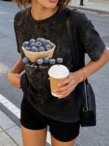 Summer New Simple Fashion Blueberry Girl Fresh Blueberry Basket Fruit Print Casual Round Neck Tie-Dye Short Sleeve T-Shirt, Fashionable & Versatile Women Top - White - View 9