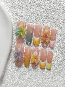 10片装彩色夏季风亚克力美甲套装，手工制作的五瓣渐变花朵（蓝、绿、粉、橙、黄、紫），手绘纯色水波纹，白色圆点美甲贴片，包含美甲工具（1片果冻贴+1个指甲锉），三种尺寸可选：杏仁形、鸭嘴形、棺材形，适合春夏日常、派对、拍照、通勤等场合。 - 彩色 - 查看 4