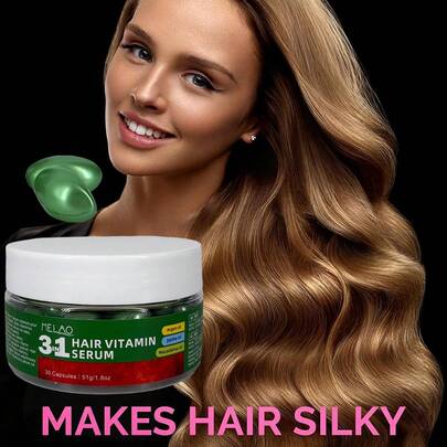  MELAO 三合一护发维生素精华胶囊，蕴含摩洛哥坚果油，深层滋养头发和头皮，令秀发柔软丝滑，由内而外滋养秀发，30粒胶囊，51克/1.8盎司
