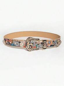 1pc Women's Multicolor Asymmetrical Flower Embossed With Gold Plated Palace Style Carved Metal Buckle Waist Belt, Versatile Accessory For Jeans Summer, School Fall, Autumn, Halloween L8JQ - 雕刻牛頭圖案皮帶扣,淺綠色印花 - 查看 2