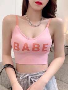 Summer Cropped Exposed Back Letter Print Camisole, Slim Fit Tank Top - Pink - View 2