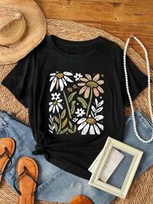 Women's Casual Floral Print Slim Fit Short Sleeve T-Shirt Graphic Tees Women Tops-Soft & Breathable Casual Style, Comfort Daily Short Sleeve, Unisex Cotton T-Shirt - 黑色 - 查看 1