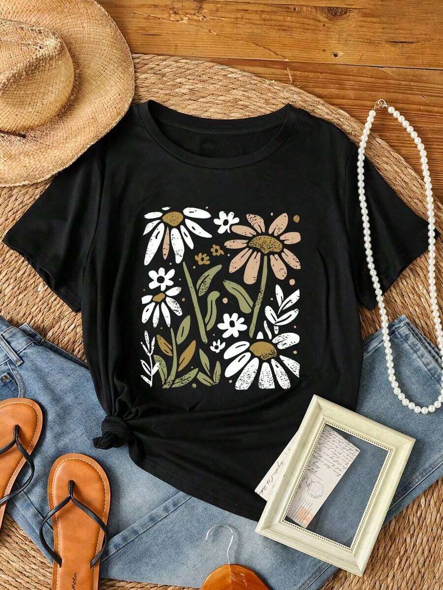 Women's Casual Floral Print Slim Fit Short Sleeve T-Shirt Graphic Tees Women Tops-Soft & Breathable Casual Style, Comfort Daily Short Sleeve, Unisex Cotton T-Shirt - 黑色 - 查看 1