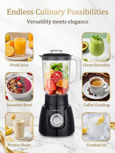  SOKANY 185 榨汁机，带研磨杯，多功能，500W 大功率，不锈钢刀片，快速榨汁、切碎、研磨咖啡，1.6L 大容量，两档速度设置，易于清洁和存放，适合家庭使用