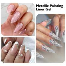 FOUR LILY 10ml Y2K Metallic Line Art Nail Gel Set, Gold & Silver Ultra-Bright Mirror Effect Painting Nail Gel, Semi-Permanent Line UV Nail Gel, Suitable For French Manicure, Home DIY Nail Art, Hair Salon, Women's Gift - 彩色 - 查看 8