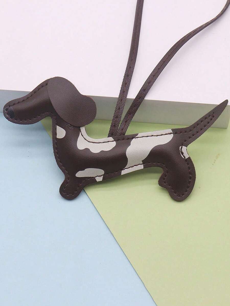 1pc PU Leather Dachshund Keychain - Handmade Cartoon Dog Bag Charm, With Cute Puppy Design, Suitable For Keys, Backpacks Or Car Accessories, Packaging Decor | Cartoon Dog Design | Colorful Keyring, Dog Accessories - 鏽棕色 - 查看 1