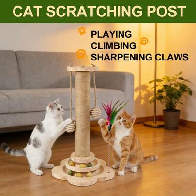 HSHa Solid Wood Cat Scratching Post For Indoor Smaller Cats, Durable And Non-Shedding Pet Accessories With Scratching Posts, Playing Platform & Balls Toys