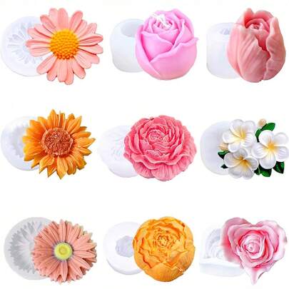 9件套花朵蜡烛模具 玫瑰郁金香硅胶蜡烛模具 花朵形状硅胶玫瑰模具 用于蜡烛制作、树脂工艺品家居装饰