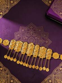 1pc Gold/Silver Coin Belt Set | Luxurious Rectangular Plate With Coin Tassel Chain, Glamorous Plated Non-Glossy Bridal And Festival Waist Chain - Choose Your Finish, Gold Or Silver Set Rectangular Plate Non-Glossy Coin Pendant - Silver - View 6