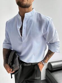 GloMan 复古风男士衬衫，半开领亚麻面料，透气长袖，宽松版型，适合度假、派对、办公等场合，优雅休闲的男士礼物，春秋必备。圣诞节、新年礼物送给父亲或丈夫，母亲节礼物。 - 藍色 - 查看 6