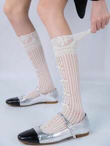1双女士蝴蝶结镂空蕾丝腿套，Y2Y洛丽塔甜美丝带袜，适合派对和日常穿着 - 白色 - 查看 5