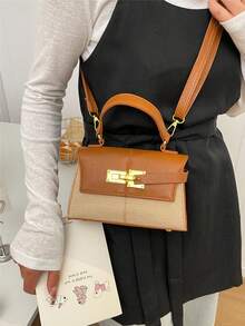 Mini Fashionable Solid Color Flap PU Handbag - Brown - View 7