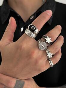 6pcs Punk Style Pentagram Ring Set, Fashionable Casual Wear For Men - Antique Silver - View 3