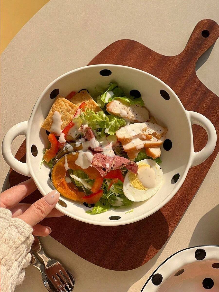 1pc Asymmetrical Hand-Pinched Polka Dot Ceramic Bowl, Large Capacity Double-Ear Bowl, Polka Dot Spoon, Breakfast Yogurt Bowl, Rice Bowl, Double-Ear Soup Basin, Single-Serve Ceramic Tableware, Suitable For Home, Restaurant, Dessert Shop, Office, Gift - Multicolor - View 1