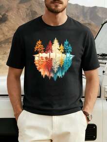 OVERSIZED Sunset Forest Reflection TShirt Spring Premium Cotton Unique Graphic Print Street Hip-Hop Breathable - Black - View 2