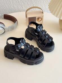Summer New Round Toe Woven Decor Design Girls Outdoor Sandals, Non-Slip And Durable, Fashionable And Elegant Children High Heel Roman Sandals - Black - View 4
