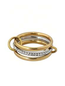 1pc Stainless Steel Interlocking Triple Rhinestone Ring, Multicolor, Versatile Daily Wear - Gold - View 2