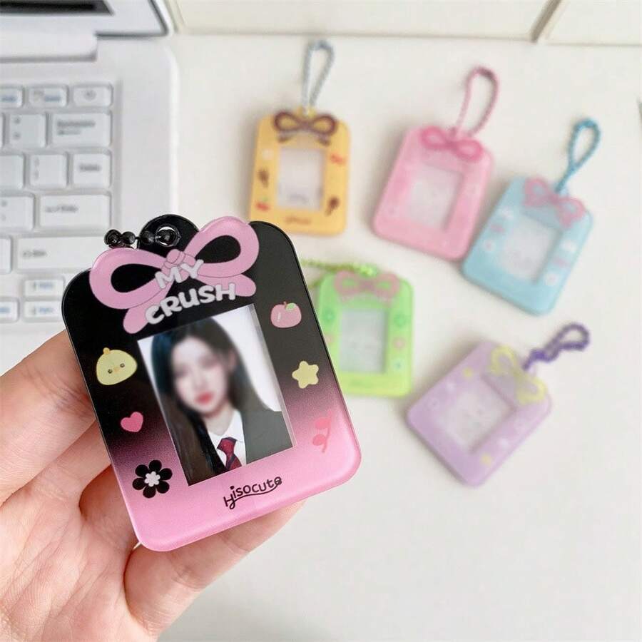 1pc Transparent Cartoon Bow Photo Frame Pendant, Suitable For Photos, Stickers, With Card Slot & Keychain - Bow Card Holder - View 1