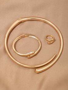 1 Set de joyería minimalista geométrica metálica de estilo europeo y americano, incluyendo collar, pulsera y anillo, adecuado para uso diario - Juego de 3 piezas amarillo dorado - Ver 4