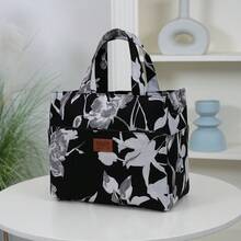 DLIU 1pc New Large Capacity Multi-Pocket Floral Pattern Handbag, Tote Bag, Lunch Bag, Bento Box Bag, Work Essentials Bag, Shopping Bag, Suitable For Office, School, Daily Use, Portable & Versatile, Fashionable Retro - Black and White - View 2
