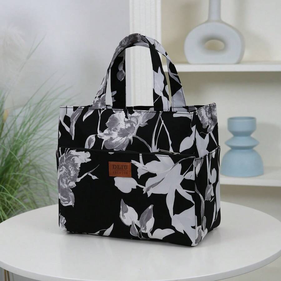 DLIU 1pc New Large Capacity Multi-Pocket Floral Pattern Handbag, Tote Bag, Lunch Bag, Bento Box Bag, Work Essentials Bag, Shopping Bag, Suitable For Office, School, Daily Use, Portable & Versatile, Fashionable Retro