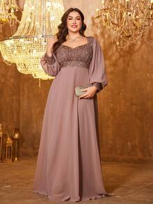 UNITHORSE 甜心领灯笼袖亮片拼接优雅长款晚礼服 - 藕粉色 - 查看 3