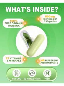 Moringa Capsules – 800mg Pure Moringa Powder Supplement – 60 Capsules For Natural Energy, Immune System, Skin & Gut Health Support, Green Antioxidant Superfood, Essential Vitamins & Amino Acids - 1 - 查看 2