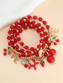 1 Set Bohemian Style Cherry Heart Pendant Multi-Layer Stacking Bracelet, Elegant Personalized Daily Wear Jewelry For Women - Multicolor - View 5