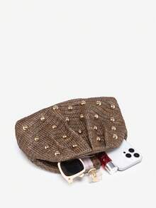 1 pieza Bolso de mano plegable de mujer con estilo de vacaciones en la playa, decoración de remaches, retro, minimalista, adecuado para uso diario, playa, fiesta, vacaciones - Café - Ver 7