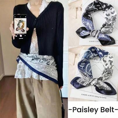 1pc Korean Style Cashew Flower Scarf Belt, Layered Wear With Jeans, Shirts, Vintage Cashew Silk Scarf, Versatile 60cm Square Neckerchief, Headband