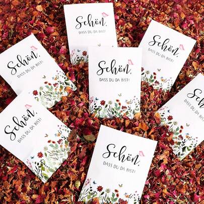 25/50 Pcs Floral Seed Gift Bags - "Nice That You Are Here" German Design With Flower Illustrations, White Paper Gift Bags For Weddings, Baptisms, Communion, Birthdays, Table Decorations (Seeds Not Included), Decorative Gift Bags | Floral Pattern Bags